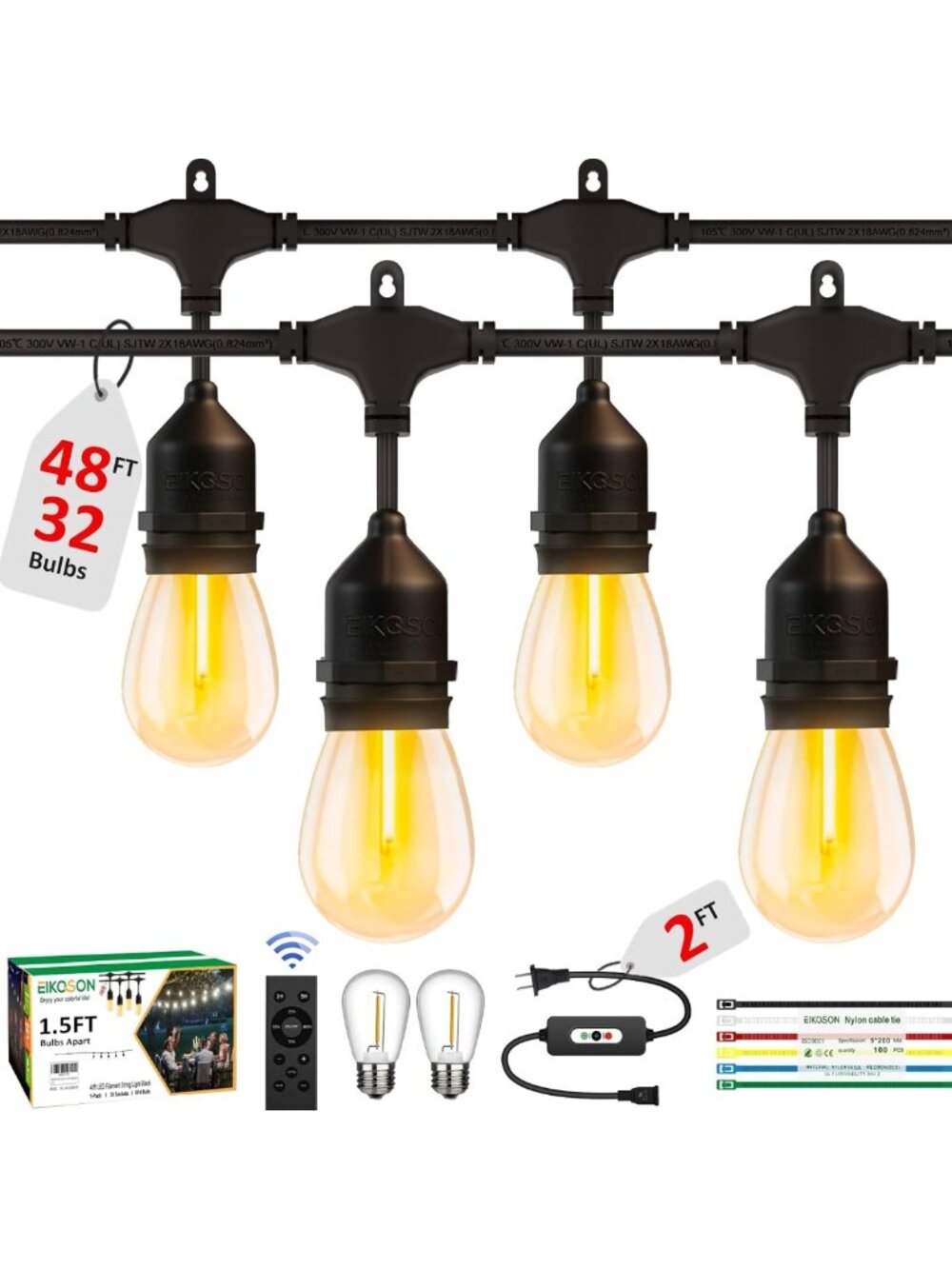 50FT Waterproof Outdoor String Lights with Remote, Dimmer & 30 Bulbs, Patio